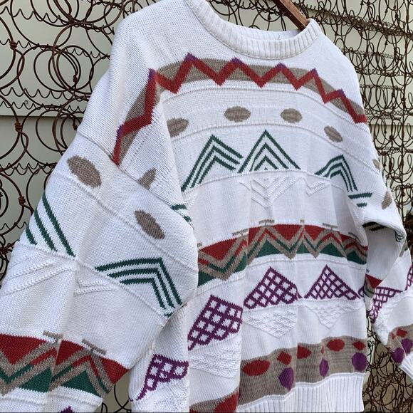 Vintage 90s London Fog geometric stripe sweater LARGE - Picture 2 of 6